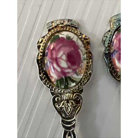 Vtg Porcelain Tea Sugar Spoon Coffee Pink Roses Stainless Steel 4.5" Set of 6 - Picture 7 of 7